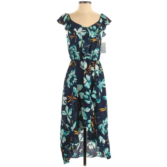 Como Vintage Dresses & Skirts - COMO VINTAGE floral ruffle flutter trim tropical midi high low dress blue S NEW